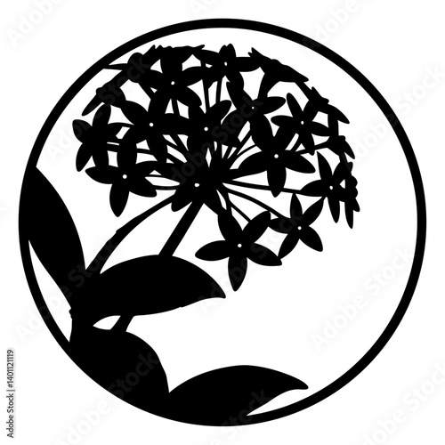 Floral cluster silhouette artwork in circle- Black silhouette of a clustered flower with stems and leaves enclosed in a round border, perfect for decorative and artistic use