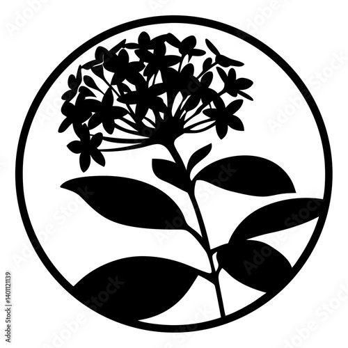 Floral cluster silhouette inside circular frame- Black silhouette of a flowering cluster with leaves enclosed in a round border, designed for decorative, ornamental, and artistic use
