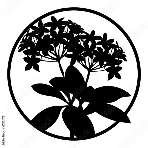 Clustered flower silhouette inside circular frame- Black silhouette of clustered blooming flowers with large leaves enclosed in a round border, ideal for ornamental and decorative artwork