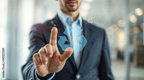 Recycling and Green Industry Technology
A person using holographic display with eco-friendly and recycling symbols in a corporate setting.