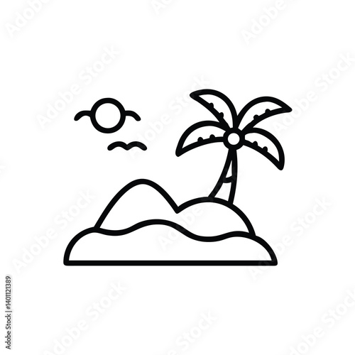 Tropical Island With Palm Tree And Sun Icon Line Art Vacation Getaway