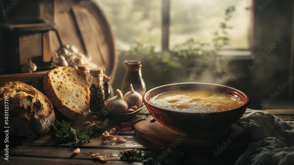 hot soup with bread and garlic hot soup with bread and garlic
