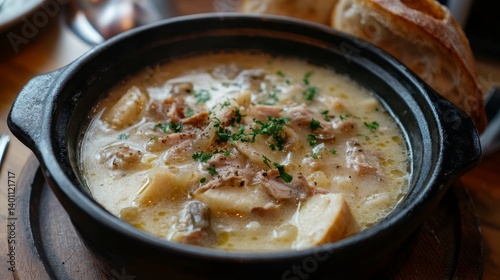 hot soup with bread and garlic
