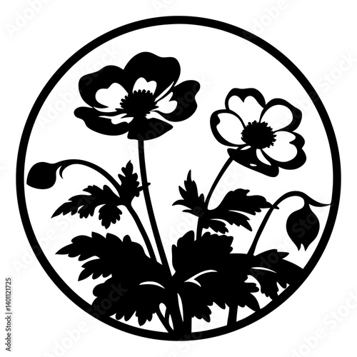 Wildflower bouquet silhouette in circular frame- Black silhouette of blooming wildflowers with buds and leaves inside a round border, ideal for decorative, ornamental, and artistic designs