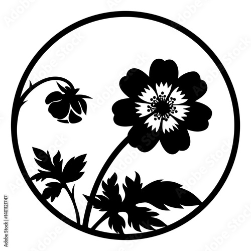 Single blooming wildflower silhouette in circle- Black silhouette of a wildflower with leaves and a bud enclosed in a round border, perfect for ornamental and decorative design