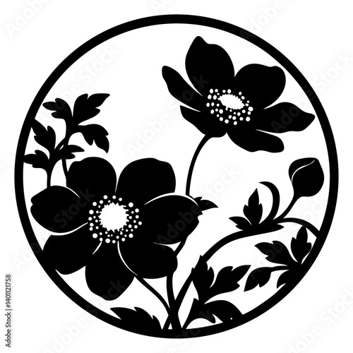 Blooming wildflower silhouette in circular frame- Black silhouette of two blooming wildflowers with leaves and buds inside a round border, ideal for ornamental and decorative artwork