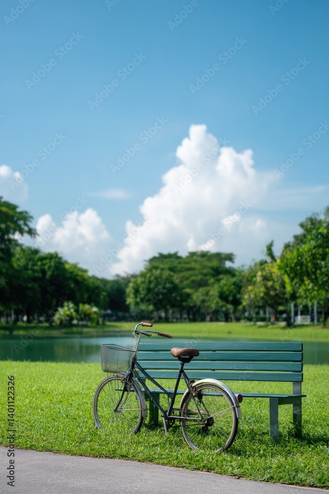 bicycle resting against sunlit urban park bench with green grass and serene lake backdrop subtly highlighting low-carbon bicycle resting against sunlit urban park bench with green grass and serene lake backdrop subtly highlighting low-carbon