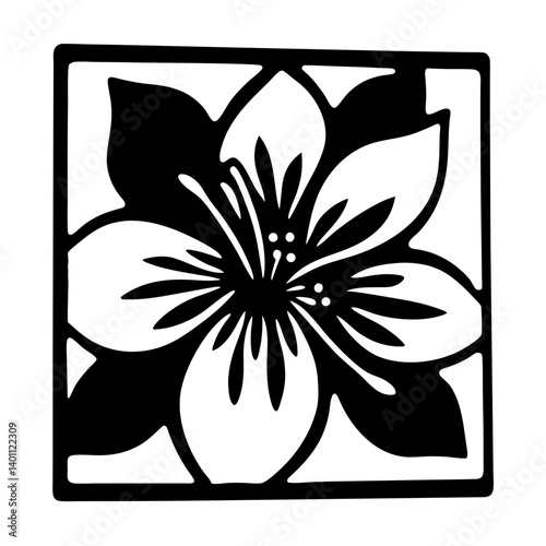Single flower silhouette inside square frame- Bold black silhouette of a large blooming flower within a square border, perfect for ornamental, decorative, and artistic design