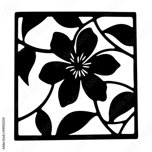 Floral silhouette artwork inside square frame- Black flower silhouette with leaves arranged in a square border, creating a bold decorative and ornamental graphic design element