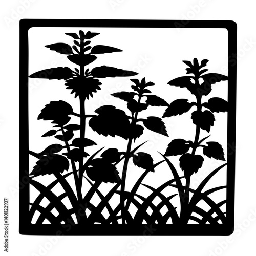 Silhouette of wild plants and grass design- Black silhouette illustration of wild plants and tall grass inside a square frame, suitable for decoration, stencil, or nature-themed design