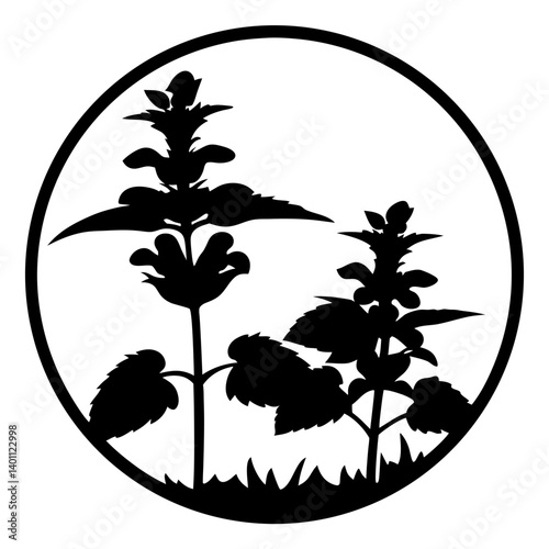 Wild herb silhouette with grass in circle- Black silhouette of two wild herb plants with serrated leaves, growing among grass inside a circular frame for decorative botanical design