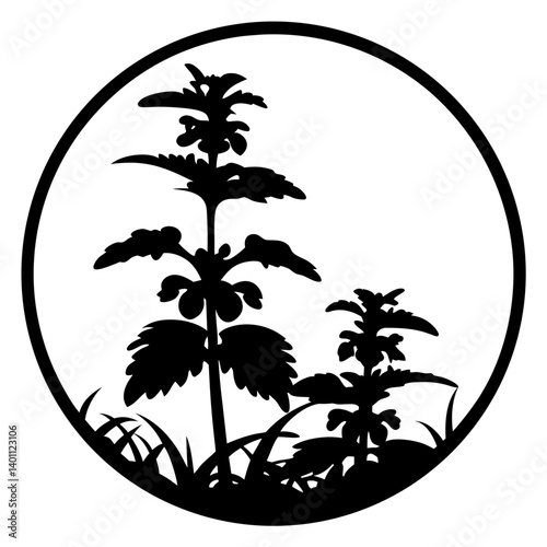 Wild plants silhouette in circle frame- Black silhouette of two wild plants with serrated leaves growing among grass, enclosed within a circular frame. The taller plant stands beside a smaller one