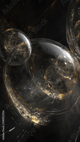 Abstract composition features translucent orbs with golden internal textures