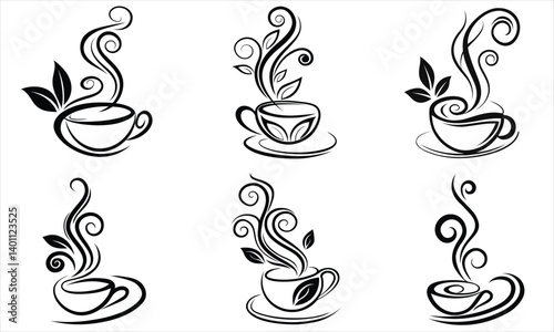 Elegant Coffee Cup Logo Designs with Swirling Steam & Leaf Elements  6 Set Collection