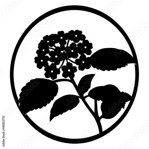 Hydrangea flower silhouette in circle- Black silhouette illustration of a hydrangea flower cluster with large leaves, enclosed in a circular frame, symbolizing floral elegance, nature, and ornament