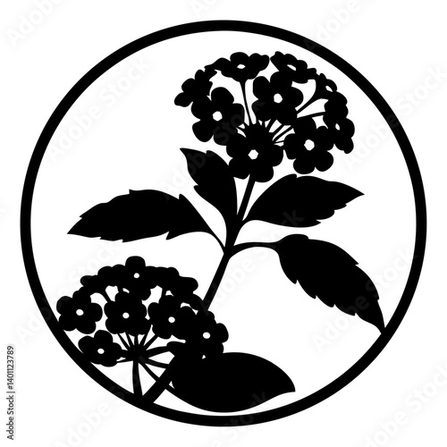 Hydrangea plant silhouette in circular frame- Black silhouette of blooming hydrangea flowers with broad leaves enclosed in a circle, symbolizing ornamental plants, garden beauty, and decorative art