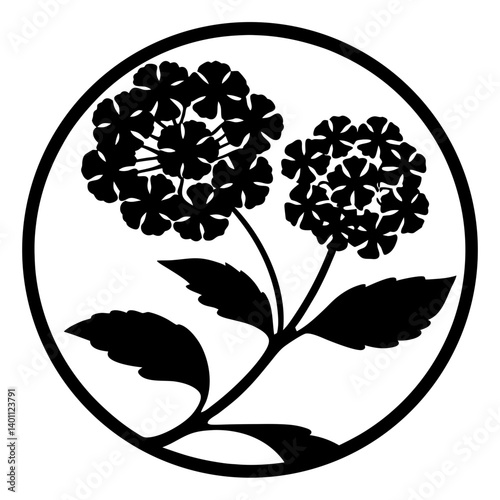 Hydrangea floral silhouette inside circular design- Black silhouette of two blooming hydrangea flower clusters with leaves enclosed in a circle, symbolizing garden plants, nature, and decorative art