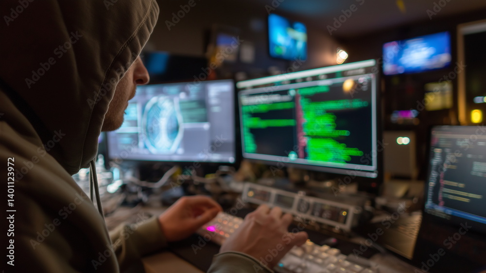 A hacker sits in front of multiple computer screens, typing rapidly as green code streams across the monitors. The dimly lit room, with a hoodie obscuring the figure's face. A hacker sits in front of multiple computer screens, typing rapidly as green code streams across the monitors. The dimly lit room, with a hoodie obscuring the figure's face.