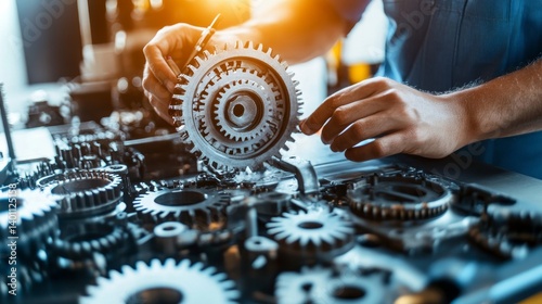 Hands, collaboration and gear with a business team working together in synergy for innovation at a workshop. Meeting, teamwork and creative with a man
