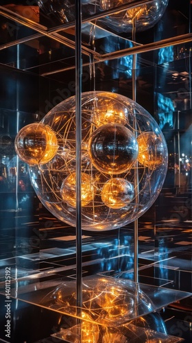 An artistic installation of spheres reflecting ambient light around it