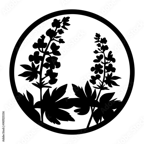 Lupine flower silhouette artwork in circle- Black silhouette of lupine flowers with broad leaves enclosed in a round frame, symbolizing wild plants, natural meadows, and decorative art