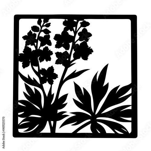 Lupine flower silhouette in square frame- Black silhouette of lupine flowers with broad leaves enclosed in a square, symbolizing wild plants, natural meadows, and decorative botanical art