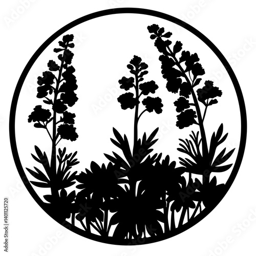Lupine flower silhouette inside round border- Black silhouette of tall lupine flowers with leafy plants enclosed in a circle, representing wild nature, meadows, and decorative botanical art