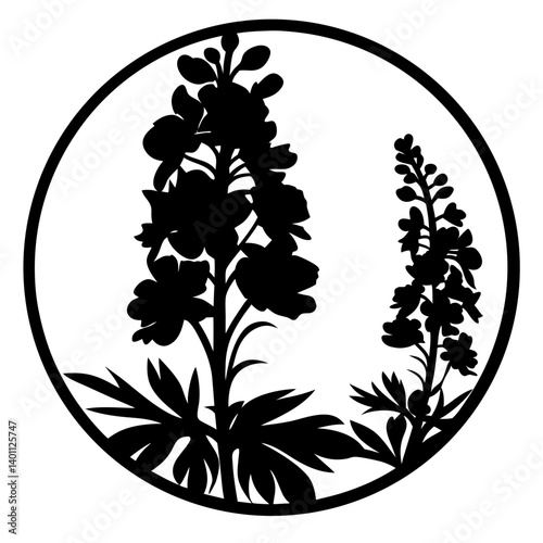 Lupine plant silhouette in circular frame- Black silhouette of lupine flowers with leaves enclosed in a circle, symbolizing wild plants, natural beauty, and decorative botanical art