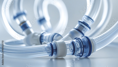 A high-resolution photo showing close-up details of transparent medical tubing and connectors, emphasizing precision engineering and sterile medical technology in clinical environments.