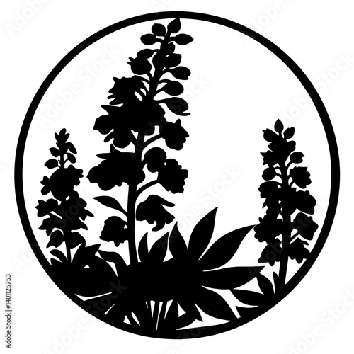 Lupine floral silhouette inside round frame- Black silhouette of blooming lupine flowers with leaves enclosed in a circle, symbolizing wild plants, nature, and decorative botanical art