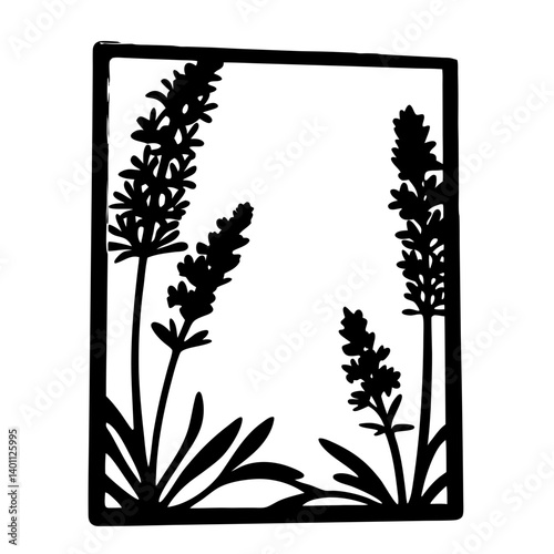Lavender plant silhouette in rectangular frame- Black silhouette of lavender flowers and leaves enclosed in a rectangle, representing herbal nature, calmness, and decorative botanical art