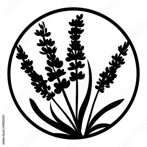 Lavender flower silhouette in circular frame- Black silhouette of lavender flowers and leaves enclosed in a circle, symbolizing herbal plants, calmness, nature, and decorative botanical art