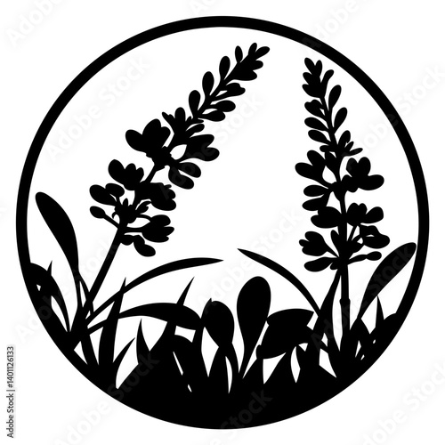 Lavender floral silhouette inside round frame-Black silhouette of two lavender flowers with leaves enclosed in a circular design, symbolizing herbal nature, calmness, and decorative art
