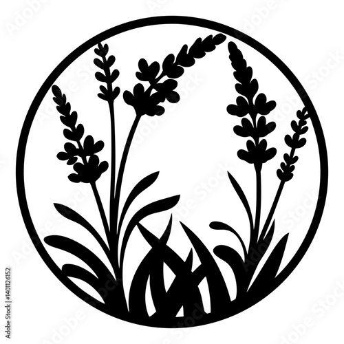Lavender plant silhouette artwork in circle- Black silhouette of lavender flowers and leaves inside a round frame, symbolizing herbal plants, nature, calmness, and decorative art