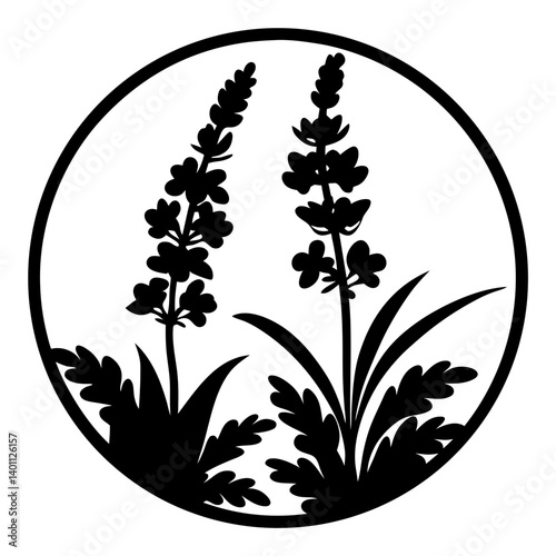 Lavender silhouette illustration in circular frame- Black silhouette of two lavender flowers with leaves enclosed in a circle, representing herbal plants, natural design, and decorative art