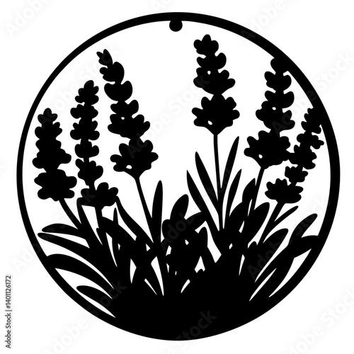 Lavender flower silhouette in circular design-Black silhouette of lavender flowers and leaves inside a circle, symbolizing herbal plants, relaxation, and decorative botanical art