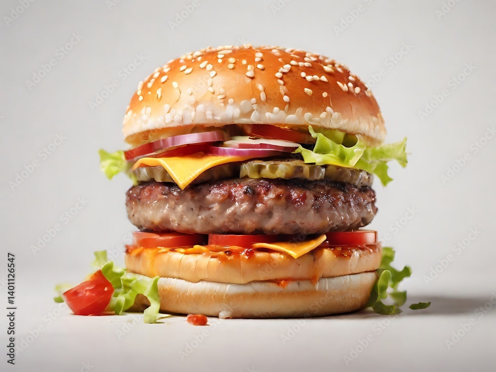 Delicious Fresh and Tasty Cheeseburger with Salad and Sauce on a White Background Delicious Fresh and Tasty Cheeseburger with Salad and Sauce on a White Background