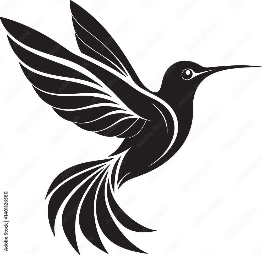 Obraz premium Elegant Silhouette of a Hummingbird in Flight: An exquisite, minimalist graphic showcases a hummingbird in mid-flight, wings outstretched.