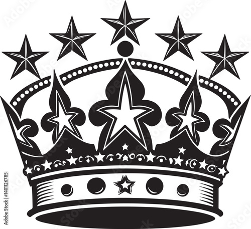 Royal Emblem of Power: A meticulously crafted silhouette of a majestic crown, adorned with five radiant stars, signifying authority, leadership, and regal elegance.