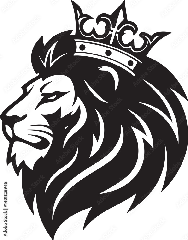 Fototapeta premium Majestic Lion Silhouette: A regal lion, crowned with a symbolic emblem of authority and royalty. The image, rendered in stark black and white, captures the lion's proud profile.