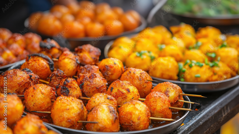 Colorful Array of Spicy Vegetarian Snacks and Dishes at Outdoor Food Market Stall Colorful Array of Spicy Vegetarian Snacks and Dishes at Outdoor Food Market Stall