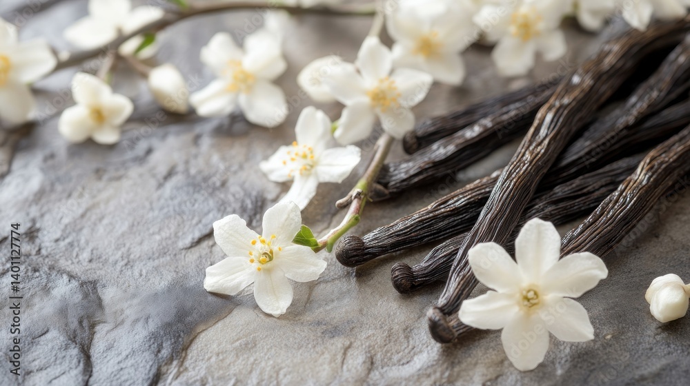 A beautiful aromatic composition of vanilla beans and jasmine flowers, creating a fragrant and visually appealing display of nature's elegance.