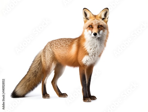 Sly Fox: A majestic red fox stands poised, embodying wild beauty and keen intelligence, its vibrant coat gleaming against a clean background.