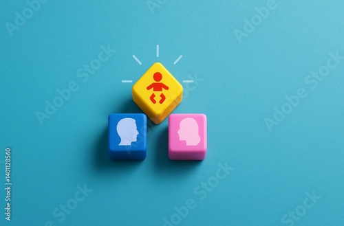 Colorful blocks representing a family, a man, a woman, and a baby, symbolizing parenthood, family planning, and the joy of new life.