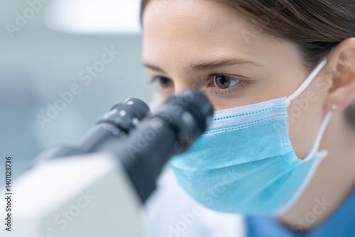 single immunology-themed prompt featuring lab technician examining sample with microscope wearing proper safety gear