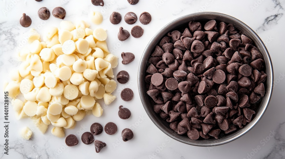 Assorted Chocolate Chips in a Bowl and Pile on a Marble Surface Perfect for Baking, Desserts, Cookies and Sweet Treats for All Chocolate Lovers Assorted Chocolate Chips in a Bowl and Pile on a Marble Surface Perfect for Baking, Desserts, Cookies and Sweet Treats for All Chocolate Lovers