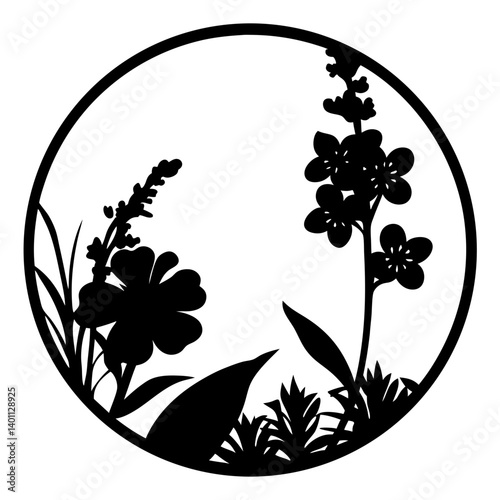 Wildflower silhouette design in circle frame- Black silhouette illustration of blooming wildflowers, leaves, and grass arranged inside a circular frame, creating a natural and ornamental floral design