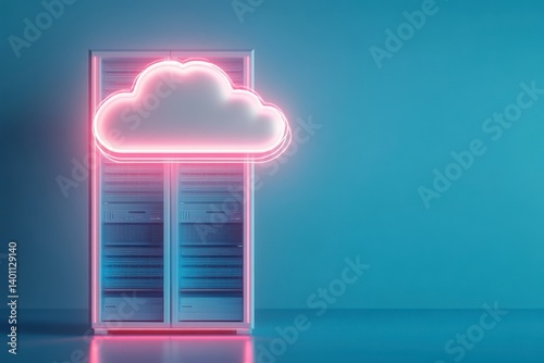 Pink Neon Cloud Icon Over White Server Rack in Blue Room