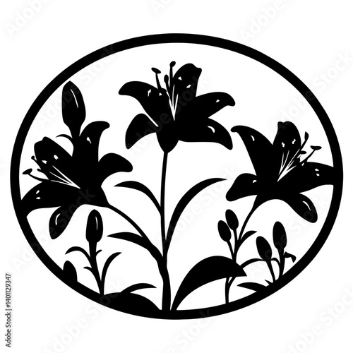 Silhouette of lilies with buds in oval circle- Black silhouette illustration of blooming lilies with multiple buds and leaves enclosed in an oval circular frame, ideal for decorative artwork