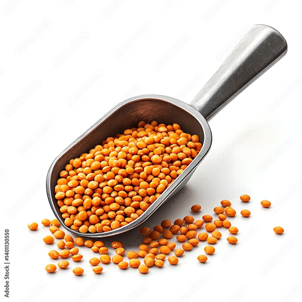 Lentils in Scoop: A detailed depiction showcases a scoop overflowing with vibrant orange lentils, a nutritious culinary delight and a symbol of wholesome nourishment.